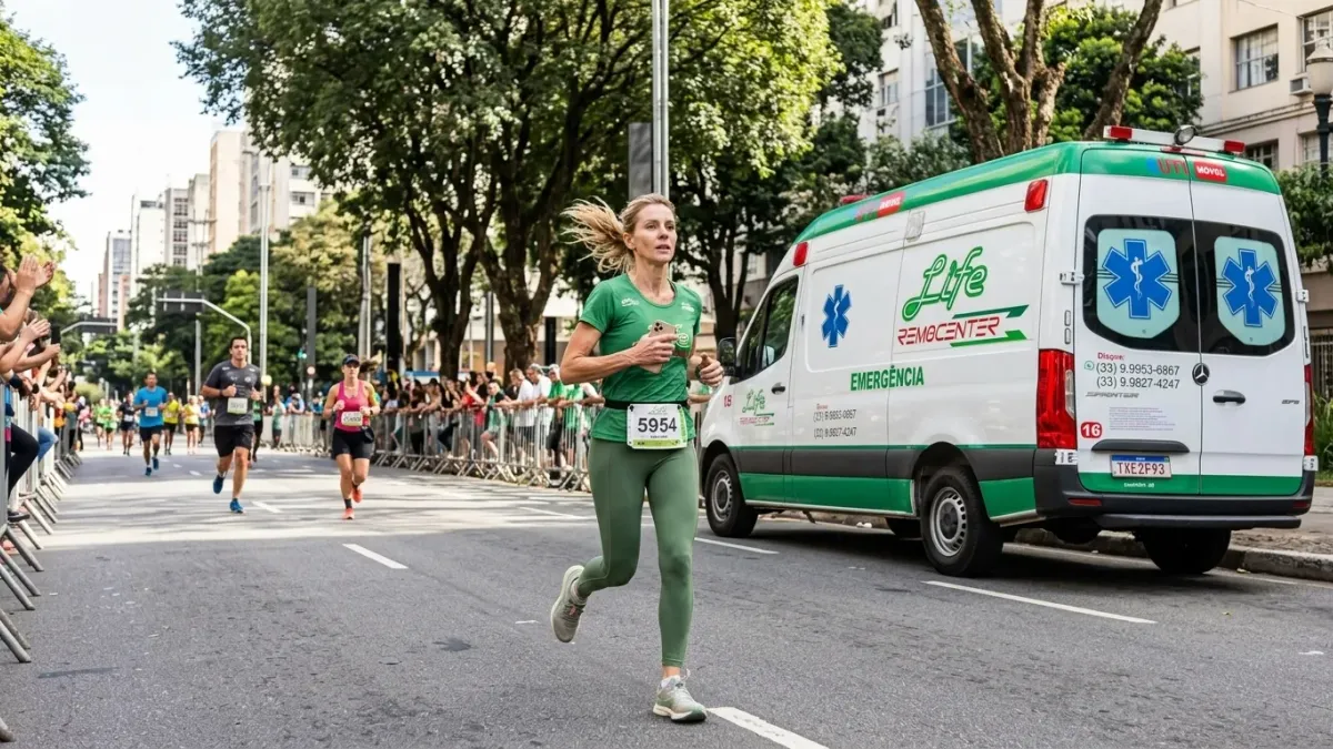 Corredora de rua com ambulância de apoio ao fundo, durante prova de corrida em cidade